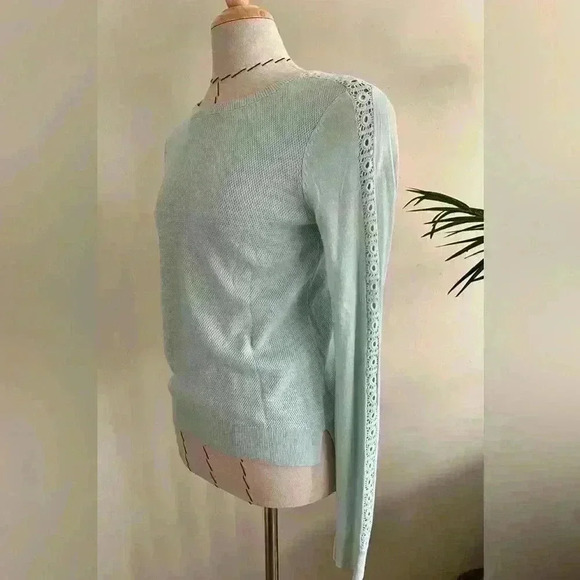 LOFT Mint Knit Pullover Sweater with Crochet Sleeves | Size XS - Picture 5 of 14